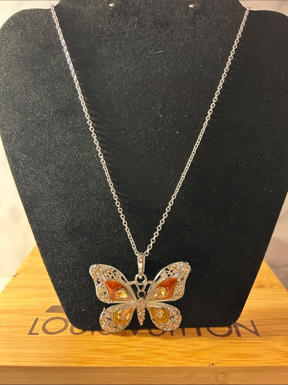 Source Unknown Silver Butterfly Necklace with Amber and Golden Accents